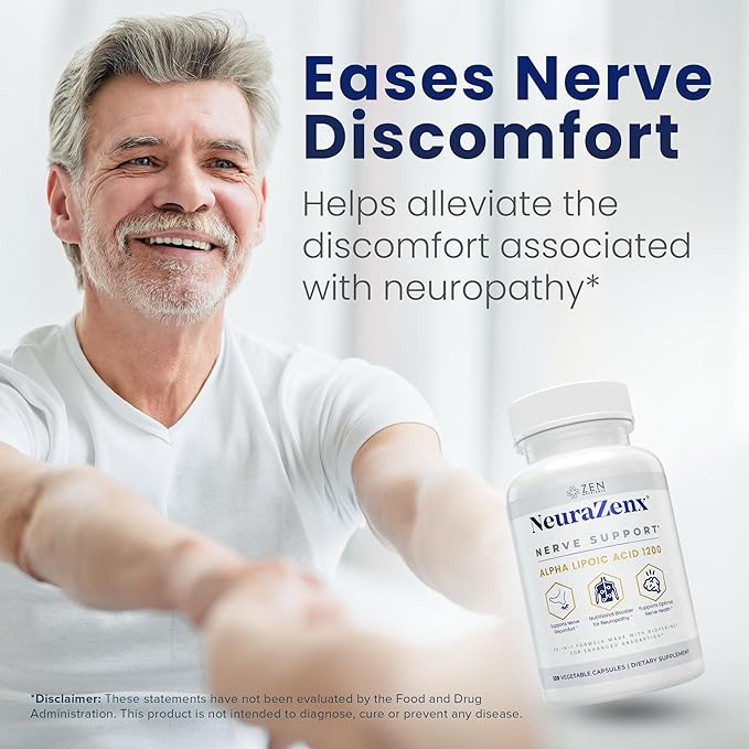 Zen Nutrients NeuraZenX Nerve Support & Peripheral Neuropathy Support Supplement with 1200mg Alpha Lipoic Acid (ALA), Benfotiamine, L-Carnitine, and Turmeric