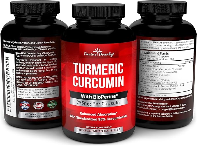 Turmeric Curcumin with BioPerine Black Pepper Extract - 755mg per Capsule, 120 Veg. Capsules - GMO Free Tumeric, Standardized to 95% Curcuminoids for Maximum Potency
