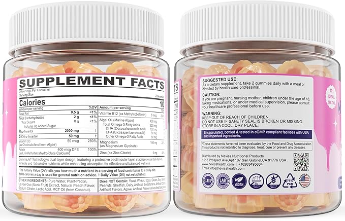 Myo-Inositol & D-Chiro Inositol, Hormone Balance for Women | Sugar Free Inositol Gummies w/Omega 3, MTHF Folate, Vitamin D3, B12, Magnesium & Zinc for Ovarian Health, Ideal 40:1 Ratio, Vegan, 60 Cts