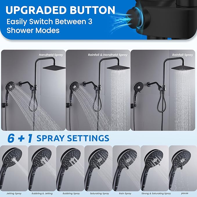 8" Dual Shower Head Combo, High Pressure Rainfall Shower Head with Handheld, 6 Spray Settings Angle Adjustable Handheld Shower Head with Pause, Height Adjustable, Matte Black