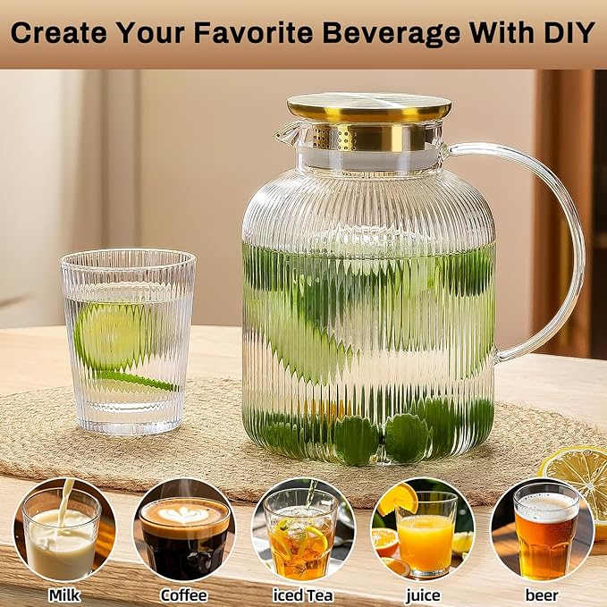 2 Liter 68 Ounces Glass Pitcher with Lid and Spout, Large Vertical Stripes Water Pitcher ribbed Borosilicate Glass Fridge Water Carafe for Cold Brew, Coffee, Lemonade, Sun Tea,Heat Resistant