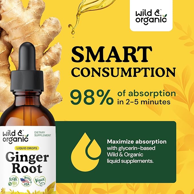 Wild & Organic Ginger Extract Liquid Drops - Immune & Digestive Support - Liquid Ginger Root Supplement - Vegan, Sugar & Alcohol-Free Tincture - 2 fl oz