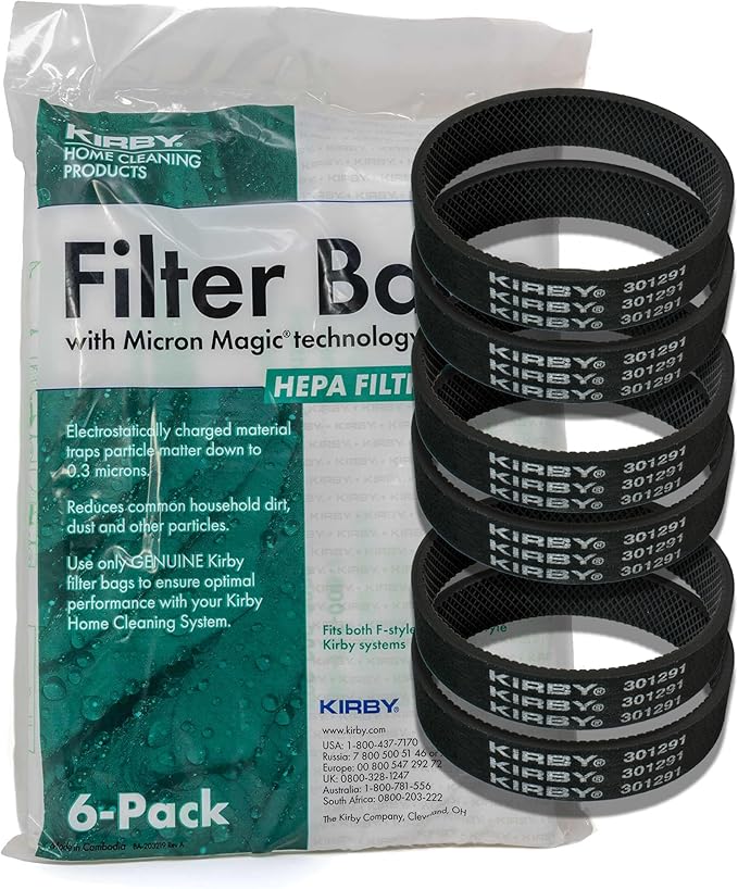 Kirby Vacuum Bundle – 6 HEPA Filter Bags (204814) + 6 OEM Belts (301291G) for F-Style & Twist-Style Upright Models