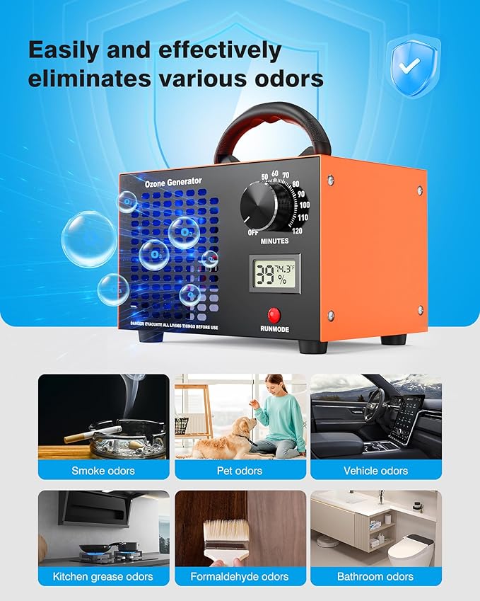 Ozone Generator 60000mg/H with Temp/Humidity Display - 120 Min Timer O3 Ionizer Air Purifier for Large Spaces (5000 Sq.Ft) - Upgraded Ozone Machine for Cars, Homes, Hotels, Kitchens & Pet Areas