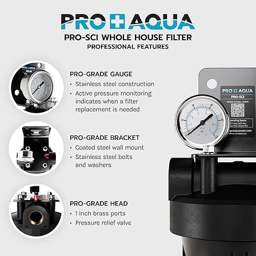 PRO+AQUA PRO-SCI Whole House Single Stage Carbon Infused Water Filter System with Pressure Gauge | Removes 99% of Chlorine, VOCs, Rust & Other Contaminants | Improves Tastes & Odor