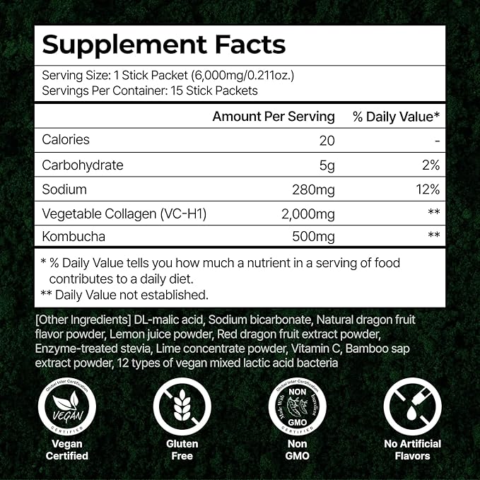PLANT Vegan Collagen Peptide + Kombucha Powder + Probioitics + Vitamin C | Tripeptide Vegetarian Collagen Booster 2000mg, Dragonfruit Lime |15 packets, Gut & Skin Health Anti-Aging Hydration drink mix