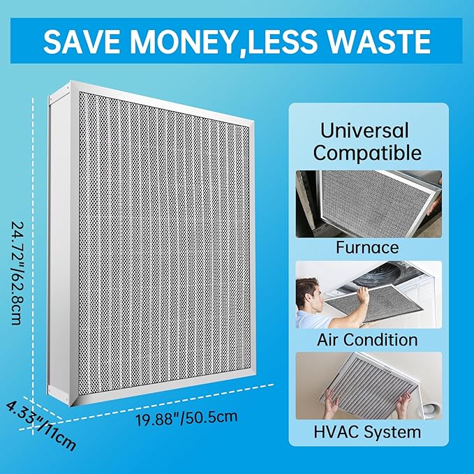 UBeesize 20x25x5 Reusable Air Filter HVAC AC Furnace Filter,Washable, Lasts a Lifetime,Permanent Filter,For Lennox (X6673), Honeywell (FC100A1037),Carrier,and More(Actual Size:19.88x24.72x4.33Inch)