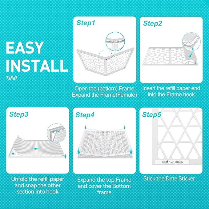 16x20x1 Refillable Air Filter Kit, MERV 11, 1 Reusable Foldable Frame ＆ 6 Refill, Fits Most AC HVAC Furnace Devices, Actual Size 15.75x19.75x0.75in