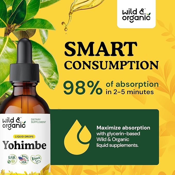 Wild & Organic Yohimbe Supplements for Men & Women - 5 mg Yohimbine Liquid Extract Drops - Pausinystalia Yohimbe Bark Tincture - Vegan, Alcohol-Free - 2 fl oz