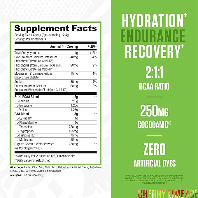 RYSE BCAA EAA Powder - Cherry Limeade - 5g Branched Chain Amino Acids, 3g Essential Aminos, Sugar-Free Electrolytes for Pre & Post Workout Muscle Recovery, Hydration and Strength - 30 Servings