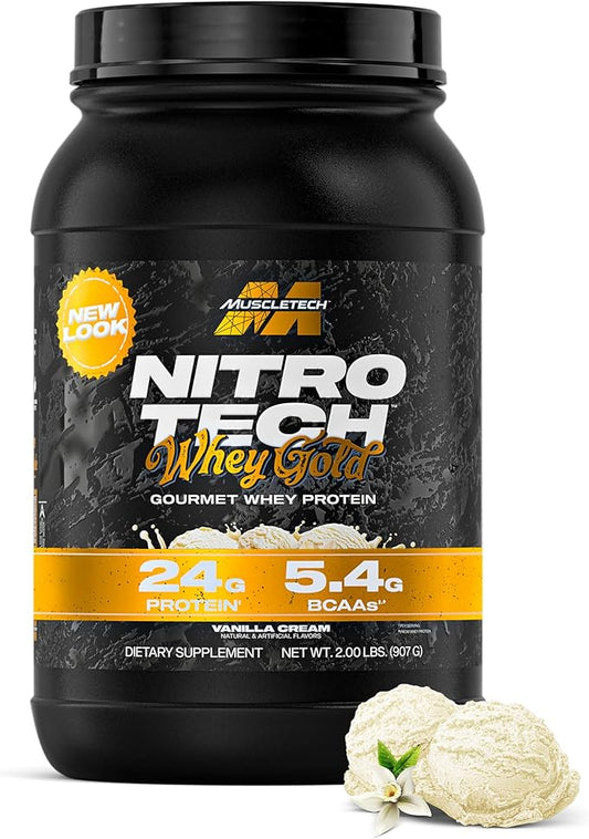 Muscletech Whey Protein Powder (French Vanilla Cream, 2LB) - Nitro-Tech Whey Protein Isolate Smoothie Mix for Lean Muscle & Recovery - 24g of Whey Gold Protein for Women & Men - Packaging May Vary