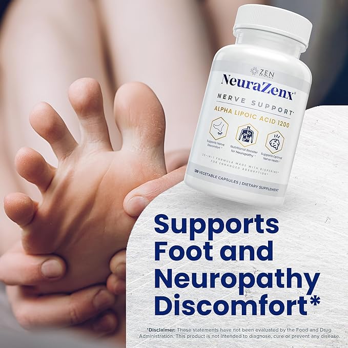 Zen Nutrients NeuraZenX Nerve Support & Peripheral Neuropathy Support Supplement with 1200mg Alpha Lipoic Acid (ALA), Benfotiamine, L-Carnitine, and Turmeric