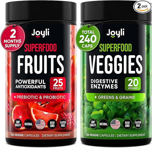 Fruits and Veggies Supplement - High Fiber Supplement for Immunity, Gut & Energy - Super Reds & Super Greens Supplements with Marshmallow Root - 240 Reds and Super Greens Powder Superfood Capsules