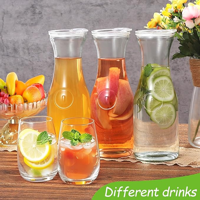 2pcs Glass Carafe with Lid, Premium Clear Water Pitcher Carafe 1 Liter Juice Containers with Lids for Brunch Cold Warm Water Beverage Wine Iced Tea Lemonade, BPA Free Shatter Proof