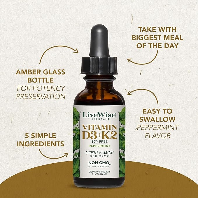 LiveWise Naturals Vitamin D3 with K2 Liquid Drops, All Natural, Non-GMO, USA Made, 1208 IU Vitamin D3 & 25 mcg K2, Supports Bone Health and Energy Levels, Infused with Peppermint, Olive, and MCT Oil