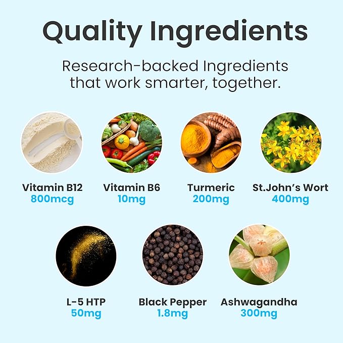 Stamina Antioxidant & Stress Relief Supplement | for Enhanced Mood, Boost Energy, Immune & Sleep Support | Vitamin B12 & B6, Ashwagandha, Turmeric, 5-HTP & More | Non-GMO, 60 Capsules