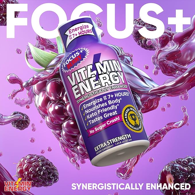 Vitamin Energy Focus+ Extra Strength Energy Shot Berry 48 Pack, 260mg Natural Caffeine, B-Vitamins, CoQ10, Amino Acids, Focus, Productivity & Clarity, Zero Sugar, Gluten-Free, 1.93 fl oz
