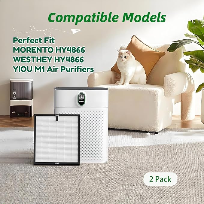 2 Pack HY4866 HEPA Air Purifier Replacement Filter,Compatible with MORENTO HY4866,WESTHEY HY4866,YIOU M1 Air Purifiers,H13 True HEPA 3-in-1 with Activated Carbon