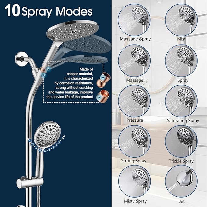 High Pressure Shower Head with Handheld Shower, 26" Adjustable Height Drill-Free Slide Bar, 3-Way Diverter for Easy Reach, Dual Shower Head Combo Set with 5ft Hose - Chrome