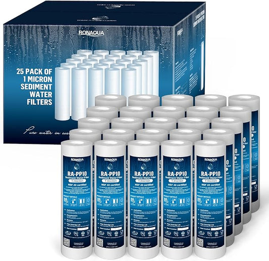 Ronaqua 1 Micron Sediment Water Filter Cartridge 10"x2.5", NSF Certified, 4-Layer Filtration for any 10-inch RO Units & Whole House Systems, Compatible with Culligan P5, AP110, WHKF-GD05, 2 Pack