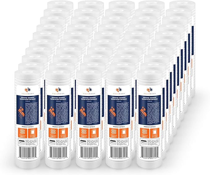 Aquaboon 5 Micron 10 x 2.5 Grooved Sediment Water Filter Replacement for Whole House Filter Cartridge Compatible with AP110, WHKF-GD05, CFS110, 50-Pack