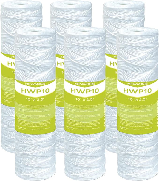 10 Micron Whole House Water Filter Cartridge, String Wound Sediment Filters for Well Water, Universal Replacement for Any 10 inch RO Unit - 10" x 2.5" Cartridges - Pack of 6