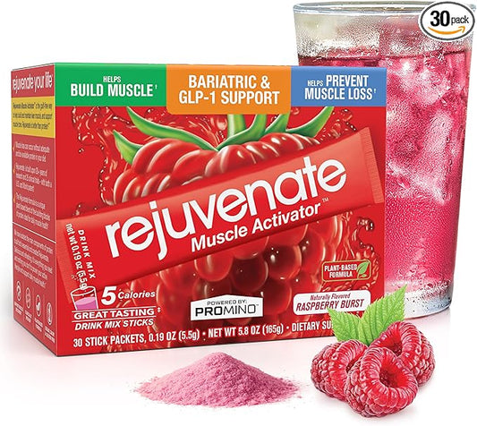 Rejuvenate – 1 Stick Delivers 25g of Whey Protein Equivalency for Muscle Growth & Energy – Essential Amino Blend (EAA + BCAA), GLP-1 & Bariatric Approved, Raspberry, 30 Count