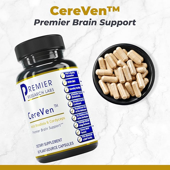Premier Research Labs CereVen - Herbal Brain Supplement for Memory & Focus Featuring Rhodiola Rosea, Rhodiola Rosea Supplement for Brain Health Support - 60 Vegetarian Capsules