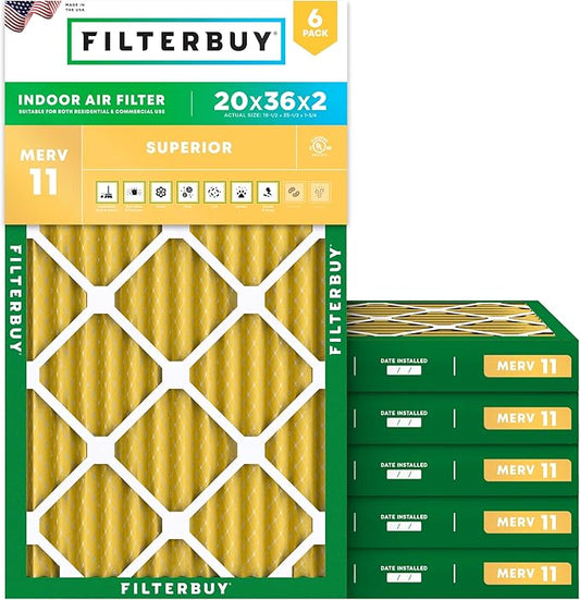 Filterbuy 20x36x2 Air Filter MERV 11 (MPR 1200) Allergen Defense Replacement (6-Pack), Electrostatic Pleated HVAC AC Furnace Filters, Made in USA (Actual Size: 19.50 x 35.50 x 1.75)
