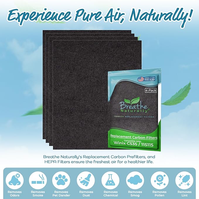 Breathe Naturally Replacement Filters Compatible with Winix C535, Plasmawave 5300, 6300 & Aeramax 300/290 Air Purifiers - Carbon Activated Filter - 12.5” x 16.25” x 0.2” (Pack of 4 Carbon Prefilters)