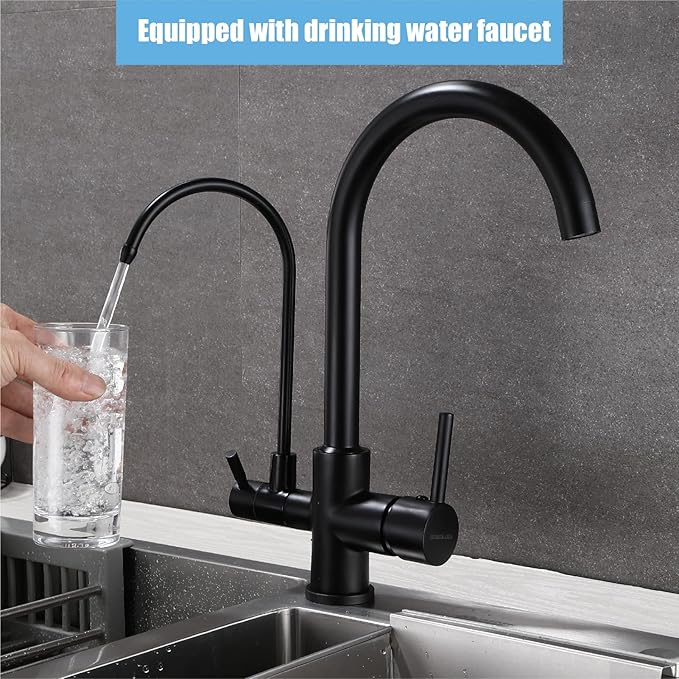 HUAHUALALA Kitchen Faucet with Filter Purifier, 3 in 1 Kitchen Faucet, 2 Handle Brass Drinking Water Faucet Reverse Osmosis Matte Black
