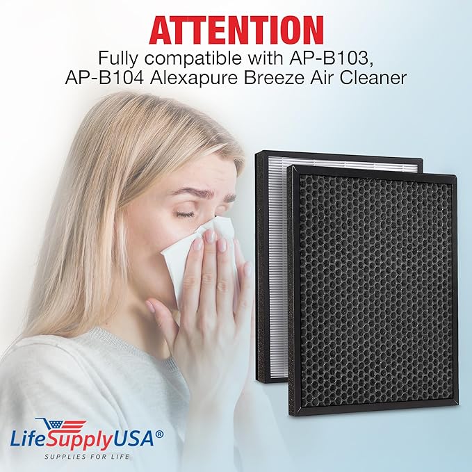 AP-B103 / AP-B104 Filter Set Replacement Compatible with Alexapure Breeze AP-B102, 3049 Air Purifier – True HEPA + Activated Carbon by LifeSupplyUSA (1-Pack)