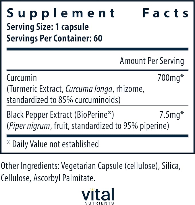 Vital Nutrients Curcumin Extract 700mg | Vegan Curcumin Supplements with Black Pepper Extract | Antioxidant Support for Joint, Liver, and Cellular Health* | Gluten, Dairy, Soy Free | 60 Capsules