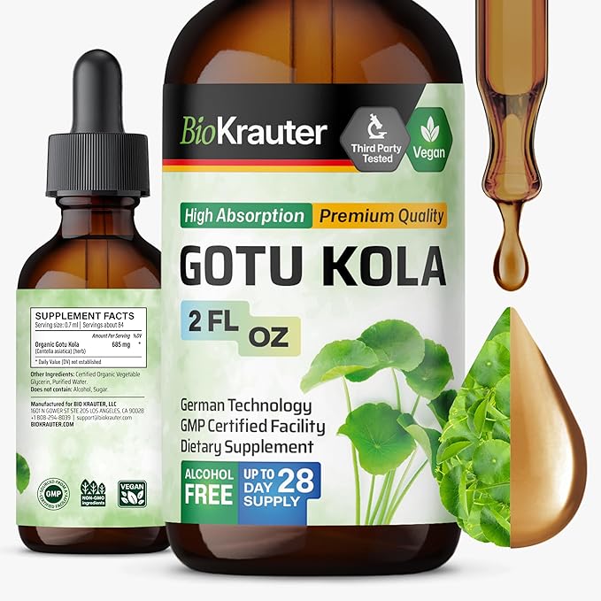 BIO KRAUTER Gotu Kola Tincture - Centella Asiatica Extract - Alcohol and Sugar Free Gotu Kola Extract - Vegan Drops 2 Fl.Oz.