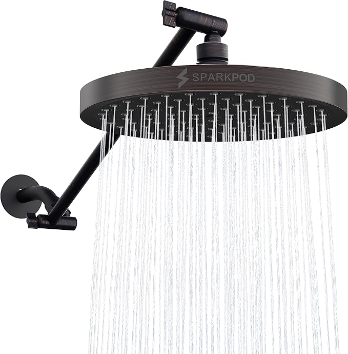 SparkPod Round Rain Shower Head with Extension Arm - Height Adjustable Shower Head with High Pressure Performance - Easy 1-Minute Installation (16" Arm Extension, Vintage Oil-Rubbed Bronze)