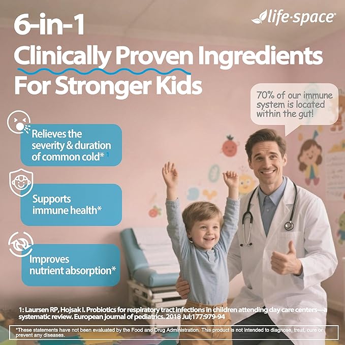 Life-Space Children Immune Support Probiotic, Clinically Proven to Relieve Common Cold Symptoms, 12 Billion CFU, 6 In1 Kids Probiotic for Digestive & Immune Health, 2 Month Serving, 60 Grams
