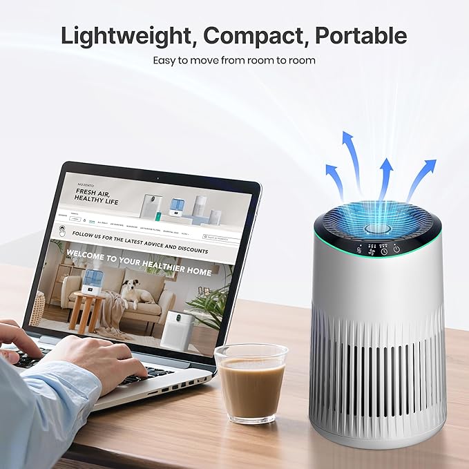 Air Purifiers for Bedroom Home, Air Purifier for Smoke Odors with Fragrance Sponge, Small Air Purifier with Sleep Mode for Bedroom Office, Blue Night Light, White, 1 Pack+3 Modes