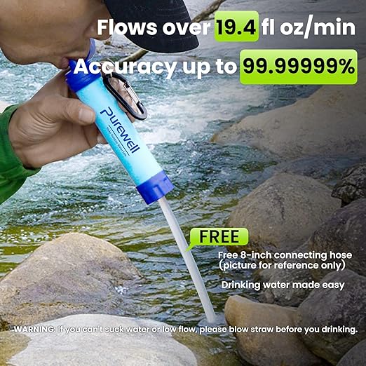 Purewell Outdoor Water Filter Personal Water Filtration Straw Emergency Survival Gear Water Purifier for Camping Hiking Climbing Backpacking