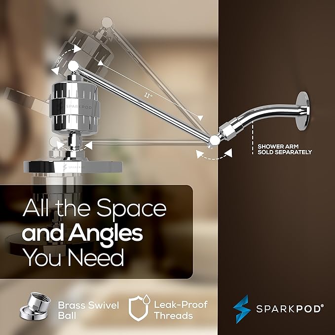 SparkPod 6" High Pressure Rain Shower Head with 23 Stage Filter Capsule & 11 Inch Adjustable Shower Arm Extension - Shower Filter Reduces Chlorine for Smoother Hair & Skin (Round, Polished Chrome)