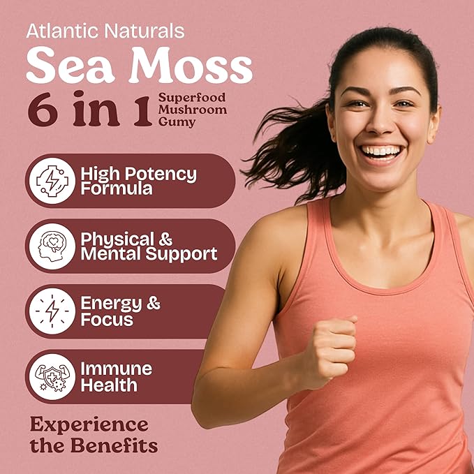 Atlantic Naturals Sea Moss with Mushrooms - Mushroom Gummies Supplement - Organic Superfood with Irish Moss, Lion's Mane, Reishi, Cordyceps, Chaga & Turkey Tail - Focus, Energy, Immune Health - 60 ct