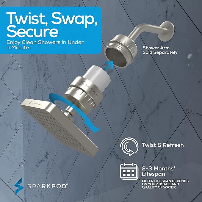 SparkPod Luxury Filtered Shower Head Set 23 Stage Shower Filter - Reduces Chlorine and Heavy Metals - High Pressure Showerhead Filter (6" Square, Elegant Brushed Nickel)