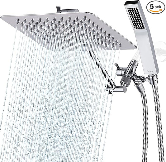 G-Promise All Metal 10" Dual Square Shower Head Combo | Rain Shower Head | Handheld Shower Wand | Adjustable | Smooth 3-Way Diverter | 71" Extra Long Hose - A Bathroom Upgrade (Chrome)