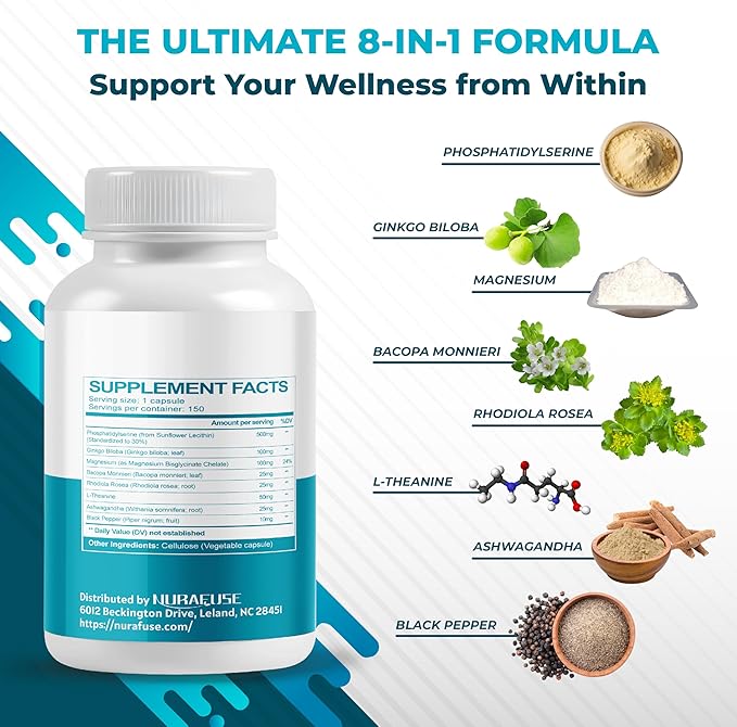 High Potency Phosphatidylserine with Ginkgo Biloba, Magnesium, L-Theanine, Ashwagandha & Black Pepper – Supports Brain Wellness, Cortisol Health & Healthy Aging* – Made in The USA