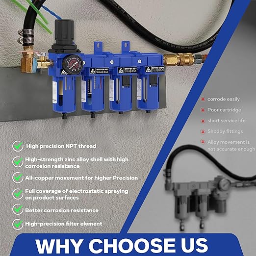 1/2 Inch NPT Air Dryer for Compressor,4 Stage Air Drying System,Brass Filter, Coalescing Filter,Double Desiccant Dryers & Air Regulator,Metal Bowl,Semi-Auto Drain,Industrial Grade(Blue)