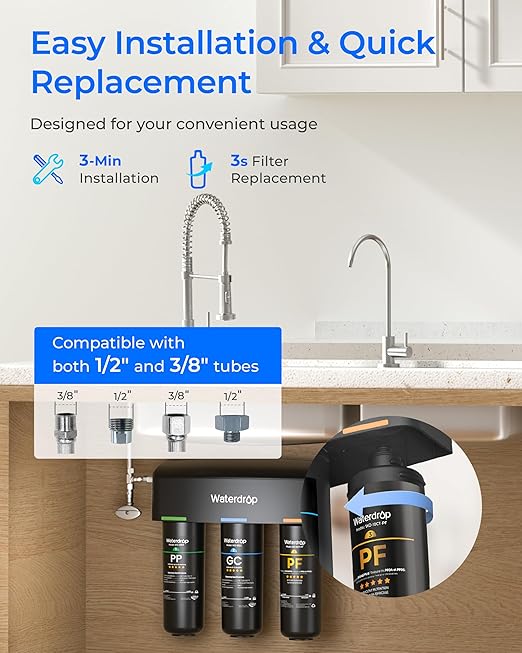 Waterdrop TSB-PF Under Sink Water Filter, 𝐑𝐞𝐝𝐮𝐜𝐞𝐬 𝟖𝟎+ 𝐈𝐦𝐩𝐮𝐫𝐢𝐭𝐢𝐞𝐬-Chlorine, Chloramine, Fluoride, PFAS, Taste&Odor, 9 Layer Under Sink Water Filtration System,with A Separate Faucet