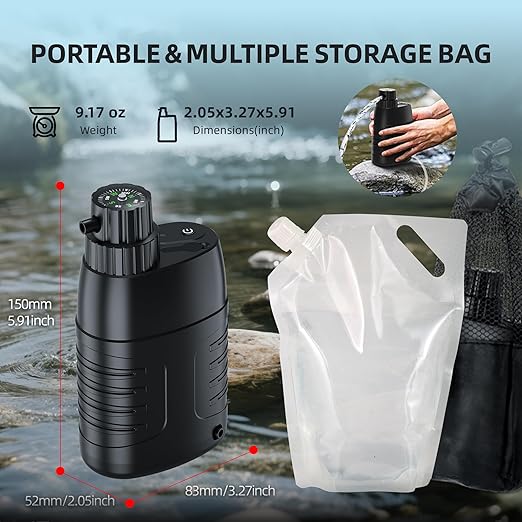 YOTAN Electric Water Purifier Survival, 0.01 Micron 6-Stage Portable Water Filter with Emergency Compass, Water Purification System for Camping, Backpacking, Hiking, Travel, Biking, Fishing, Hunting