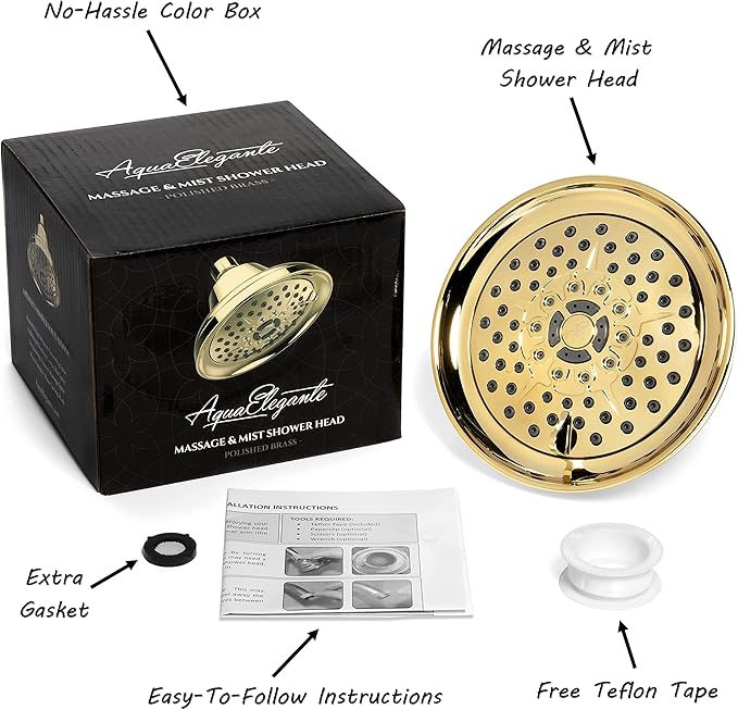 Massage Shower Head With Mist - High Pressure Boosting, Multi-Function, Massaging Rainfall Showerhead For Low Flow Showers & Adjustable Water Saving Nozzle, 1.8 GPM - Polished Brass