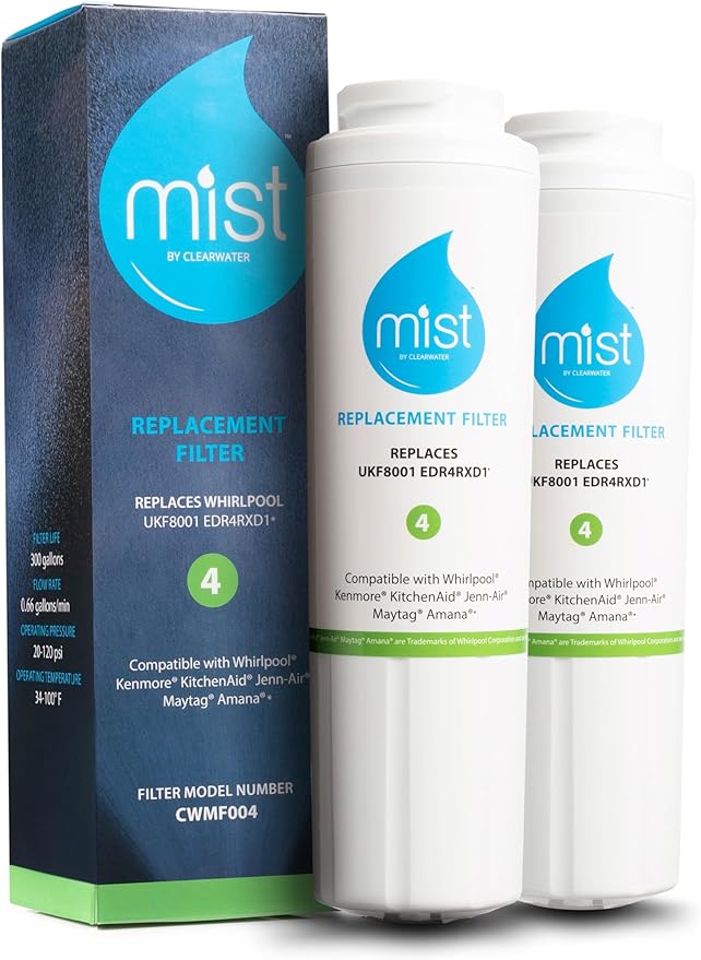 Mist EDR4RXD1 Refrigerator Water Filter Replacement for EveryDrop® Filter 4 – Maytag® UKF8001AXX-200, UKF8001AXX-750, Whirlpool® WHR4RXD1, UKF8001, 4396395 – 2-Pack – NSF 42 & 372 Certified