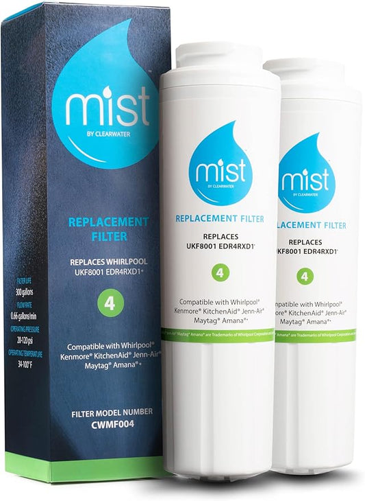 Mist EDR4RXD1 Refrigerator Water Filter Replacement for EveryDrop® Filter 4 – Maytag® UKF8001AXX-200, UKF8001AXX-750, Whirlpool® WHR4RXD1, UKF8001, 4396395 – 2-Pack – NSF 42 & 372 Certified
