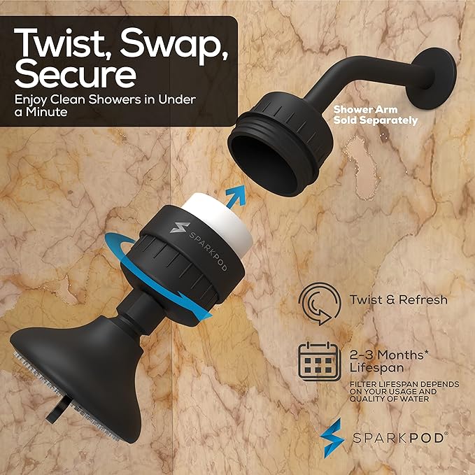 SparkPod 23-Stage Filtered Shower Head with 3 Spray Settings - High Pressure Shower Head with Filters for Dry Hair and Skin - Showerhead with Filter Reduces Chlorine & Heavy Metals (Black Matte)